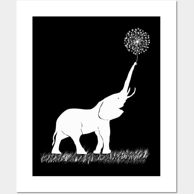 White Elephant Holding Dandelion Wall Art by Miozoto_Design